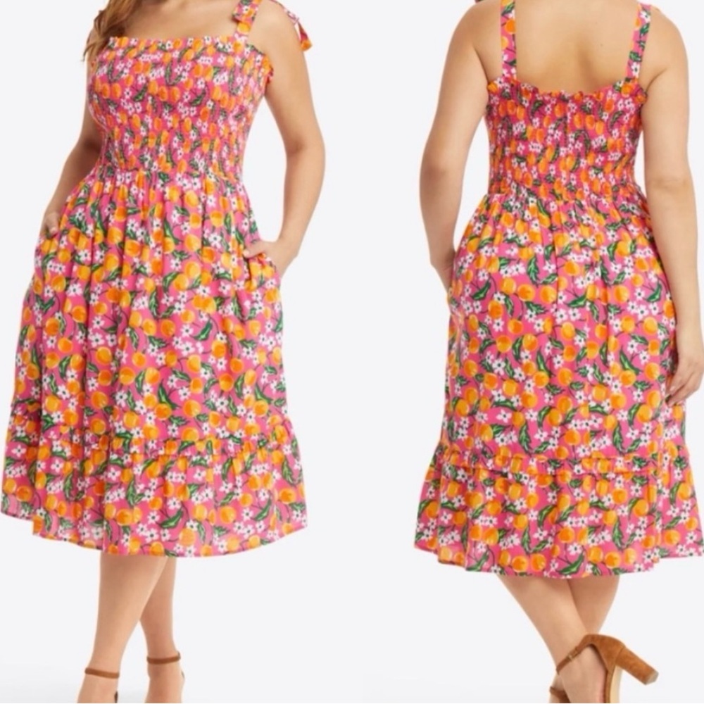 Draper James | Women’s Orange/Pink Kimberly Sleeveless Smocked Midi Dress, sz M